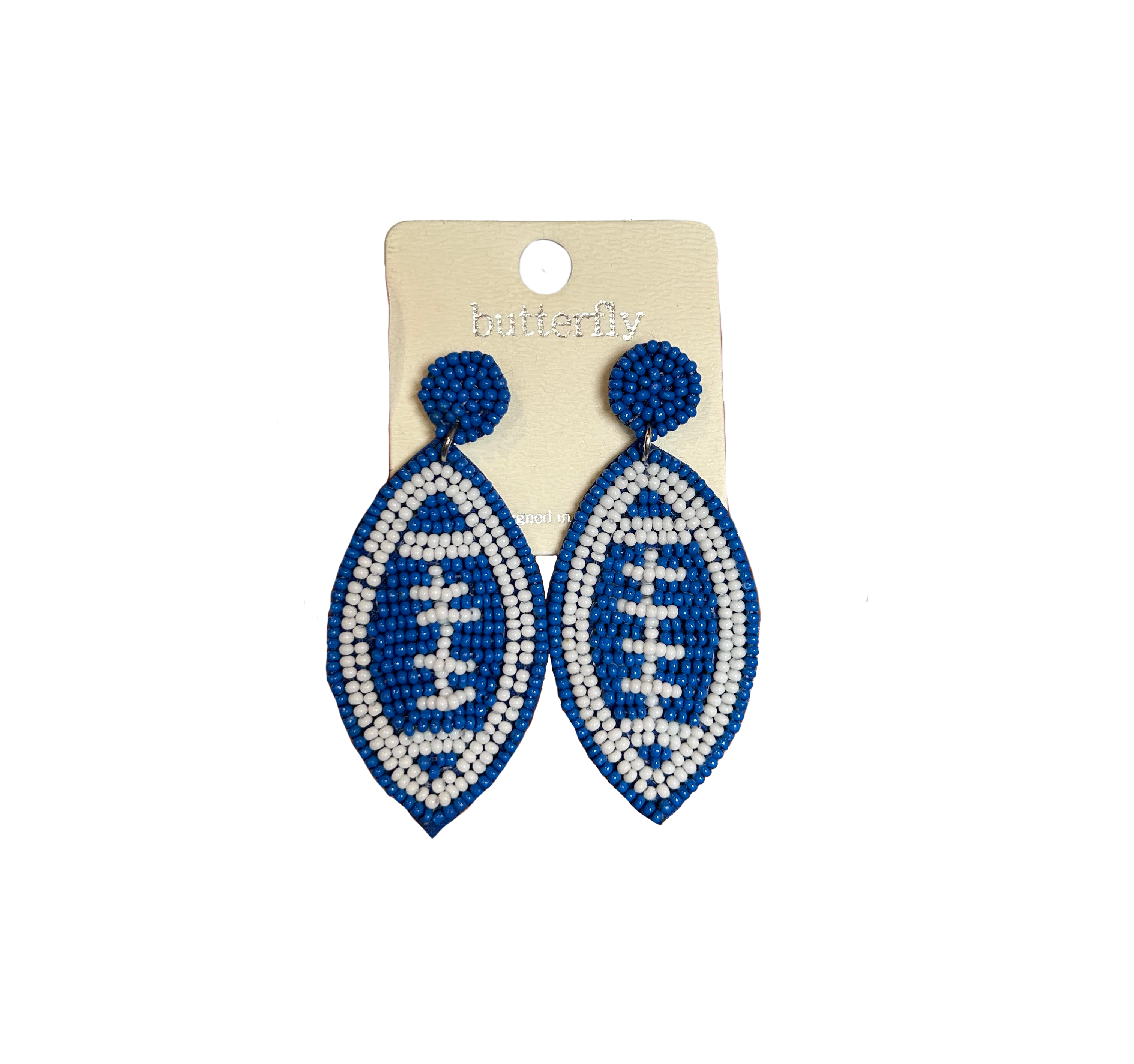 Football Seed Bead Post Dangle Fabric Earrings Royal Blue White